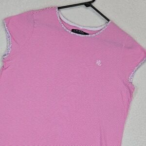 Lauren Ralph Lauren Women M Pink White Striped Tee LRL Logo Top